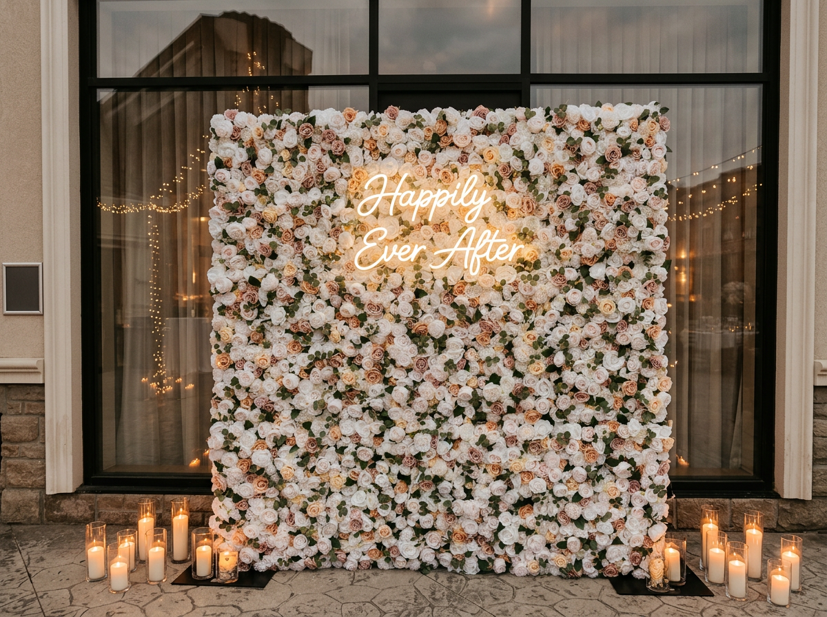 Happily Ever After neon sign on champagne flower wall