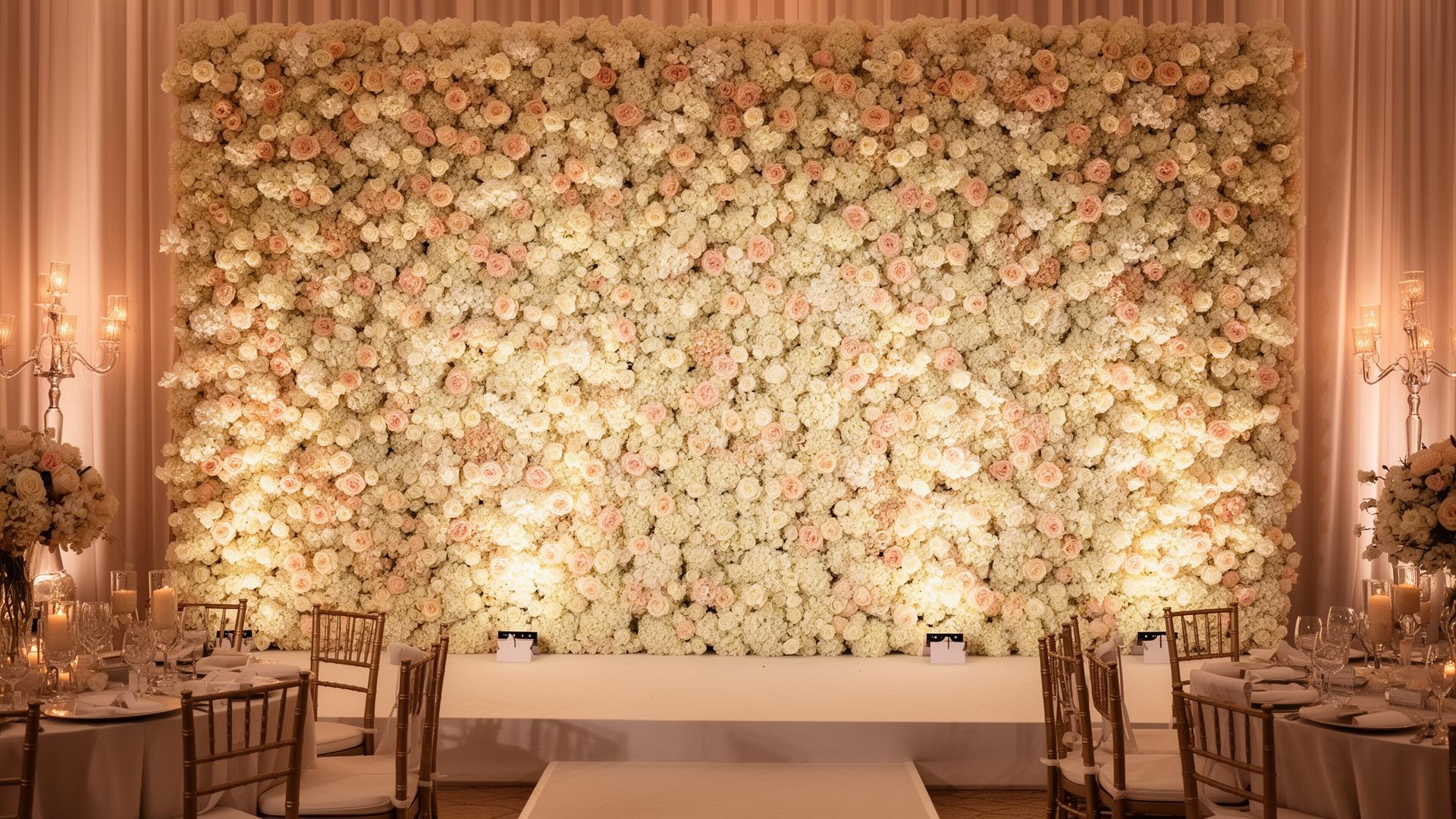 Ivory and blush rose flower wall at a luxury Alberta wedding