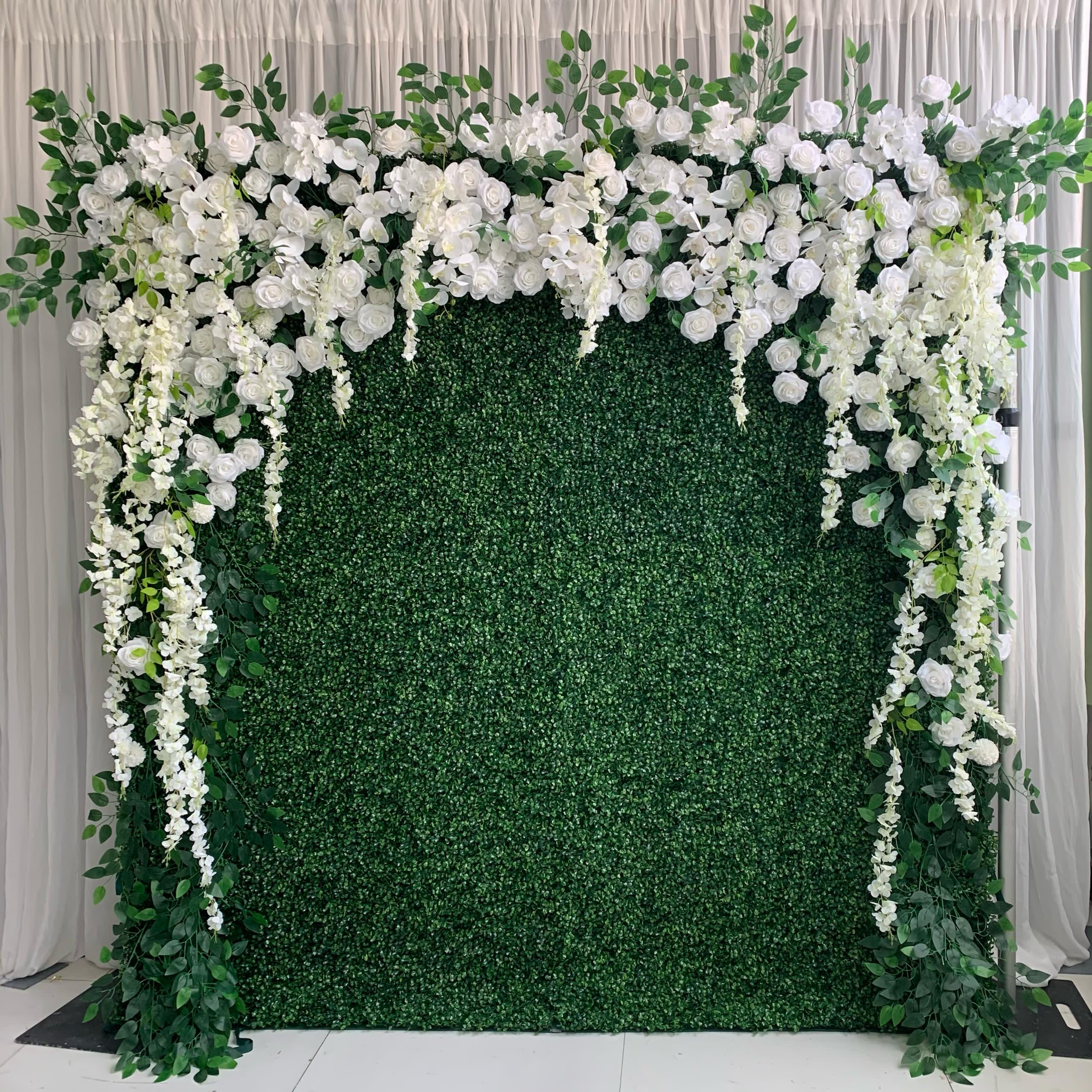 Green Hedge with White Garland flower wall rental